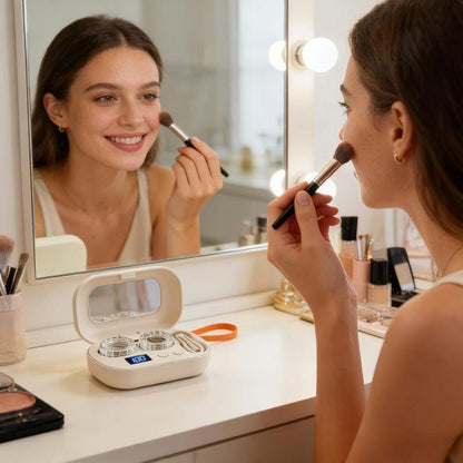 Ultrasonic Rechargeable Contact Lens Cleaner with Vanity Mirror - Portable Case for Hard & Soft Lenses, 2 Cleaning Modes, Daily Deep Cleaning for Travel, Sports, Office, and Home Use